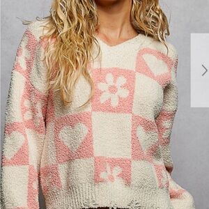 POL Cozy Pink and Cream Checkered Sweater